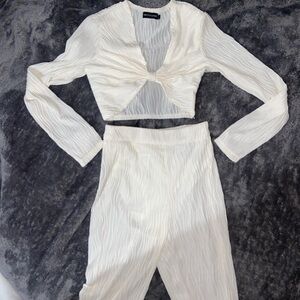 PrettyLittleThing Cream Set with Plunging V-Neckline and Wide-Leg Pants